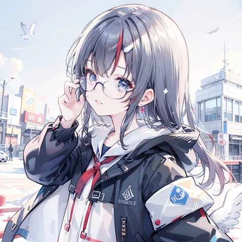 same,, 1 Girl, animal, animal on shoulder, bird, Black-rimmed glasses, black eyes, Black Hair, blue sky空, city View, clear sky空, coat, sky, earrings, Glasses stand, Took off the glasses, fur coat, jacket, Jewelry, Long hair, looking off to the side, outdoo...