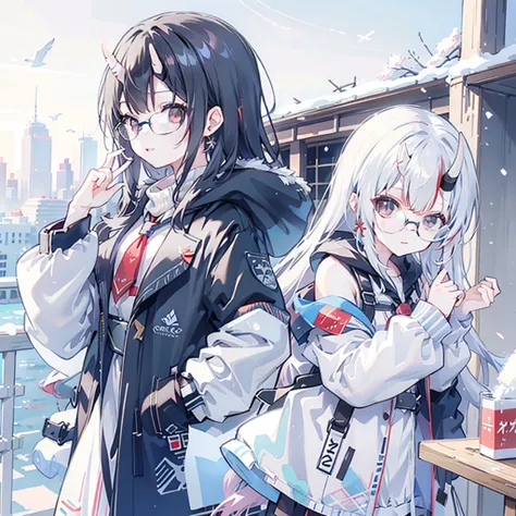 same,, 1 Girl, animal, animal on shoulder, bird, Black-rimmed glasses, black eyes, Black Hair, blue sky空, city View, clear sky空, coat, sky, earrings, Glasses stand, Took off the glasses, fur coat, jacket, Jewelry, Long hair, looking off to the side, outdoo...