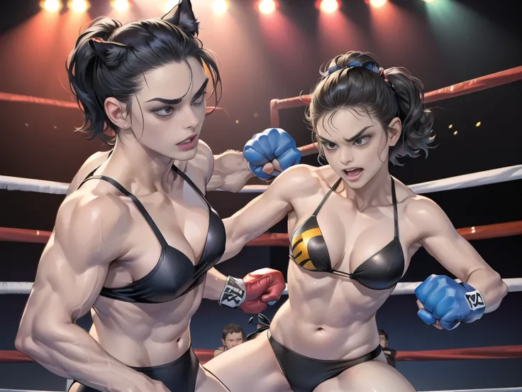 ,(catwoman:1.1),(women:1.4),bikini,(Throw your fist forward.:1.2),(boxing ring:1.4),full_shot,claw_pose,cat_pose,(angry:1.2),evil,(cam:1.3),(รอยเลือด รอยถลอก:1.5), โกรธ, ต่อสู้