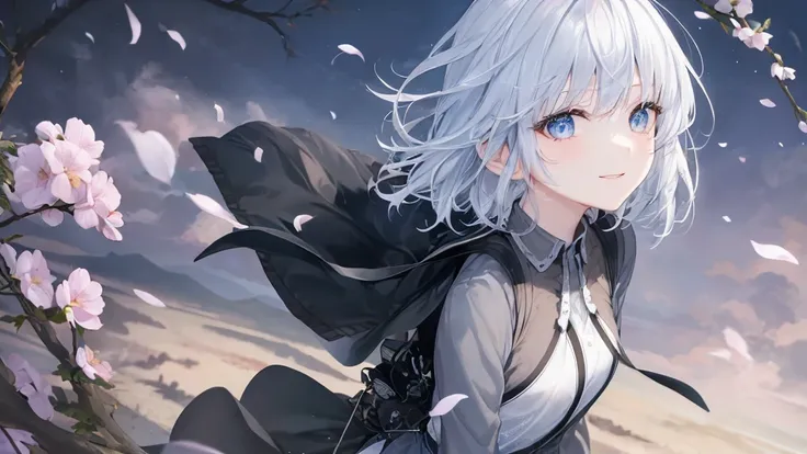 Ultra HD,Look at the viewers, Place your hands behind your back, and, 20-year-old, 非常にshort hair, Long bangs between the eyes, Pale blue eyes, Very detailed,(masterpiece、Highest quality),Gray Hair、Laughter、wonderful, Silver Hair, iris, short hair、 Flutteri...