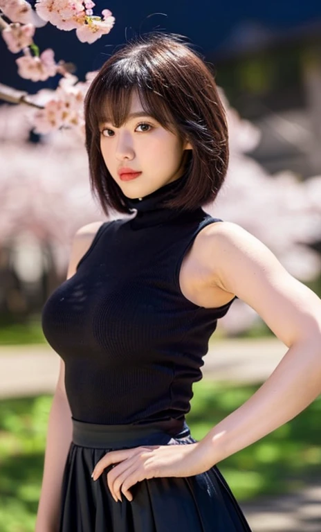 ( (((A beautiful woman))), ((a night cherry blossom)),(((detailed face))),(beautiful upper back), perfect body anatomy, hands on hips, huge breasts,pretty,sleeveless turtle neck, silky clothes,  mini-skirt, 4k , super high resolution ,(photo-realistic: 1.7...