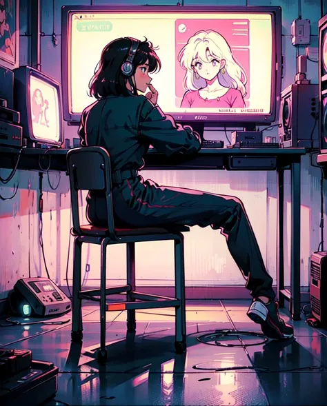 Neon city, long shot, city pop, summer, back view of a girl in a loungewear, sitting deeply in a chair with her legs crossed, neon stand lighting in both corners of the room, operating a smartphone, glowing headphones, messy work room, computer Light illum...