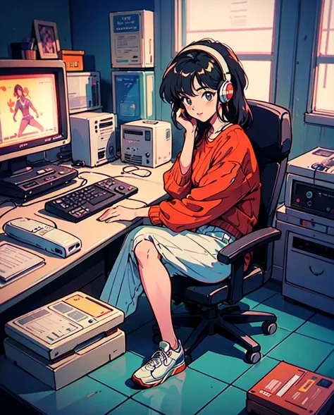 Neon city, long shot, city pop, summer, back view of a girl in a loungewear, sitting deeply in a chair with her legs crossed, neon stand lighting in both corners of the room, operating a smartphone, glowing headphones, messy work room, computer Light illum...