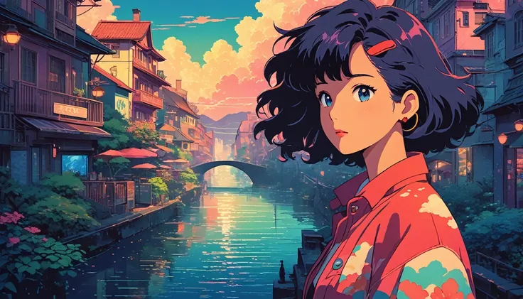 alone, lofi artstyle, lofi art, city, town, 80s anime style, Retro, Lo-Fi, masterpiece, best quality, (extremely detailed CG unity 8k wallpaper), (best quality), (best illustration), (best shadow), absurdres, realistic lighting, (Abyss), beautiful detailed...