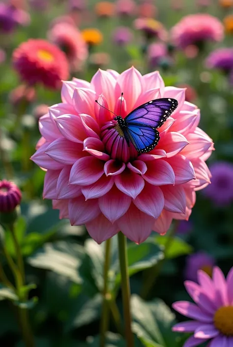 There is a dahlia flower. A purple butterfly is sitting inside this flower, its petals are colourful and all the flowers are visible in the background. The colour of the dahlia flower is pink and its leaves are green.