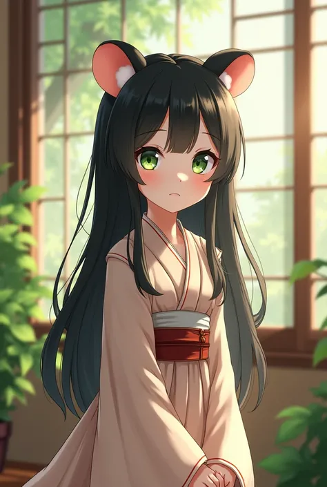 girl, long black hair, Hime cut, Hamster ears, Green Eyes, White skin, Dodoy, demure, Mature