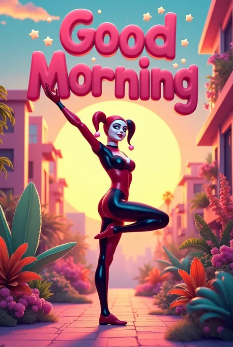 Harley Quinn is doing yoga and in the background the text "Good Morning".