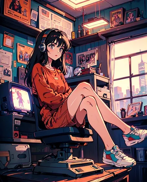 Neon city, long shot, city pop, summer, back view of a girl in a loungewear, sitting deeply in a chair with her legs crossed, a lit cigarette and an ashtray, neon stand lighting in both corners of the room, smartphone operation, glowing headphones , clutte...