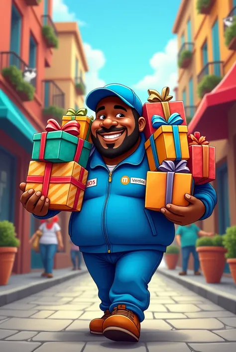 Cartoon of a fat black man wearing a cap delivering packages while walking