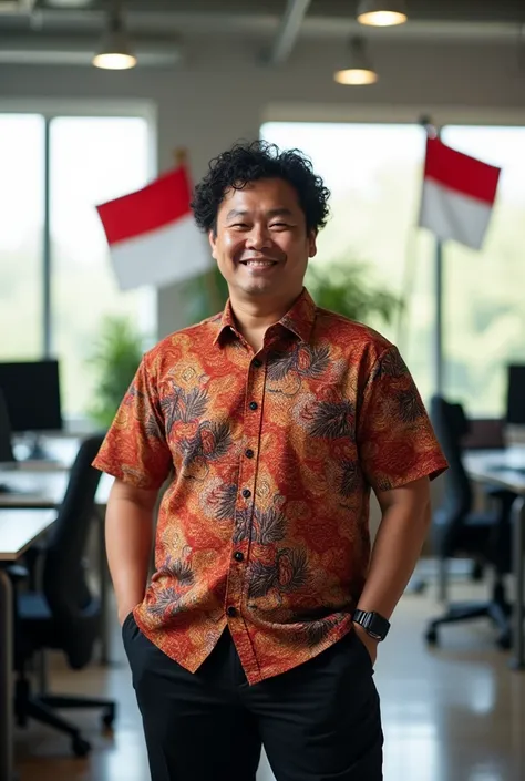 a fat Indonesian man with curly hair, wearing a batik shirt and black trousers, is standing in the office room on his right side there is an Indonesian flag