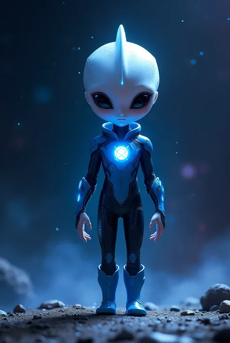 1man, slender, alien, small head, white skin, black eyes, long head fin, noseless, blue suit with black accents, blue boots, blue lantern logo, blue aura, space background