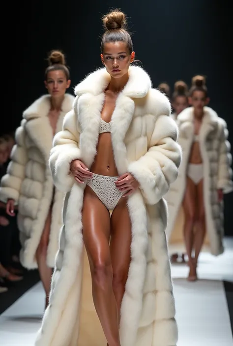 Very wide、Very thick, white mink fur coat, Thickness 100 cm, fluffy, Thick white mink fur collar, 3 floors、(Fur fashion show)、garter belt、naked、Nordic beauties、High ponytail、(full bust)、naked、sexy pose、(spread legs:1.3)