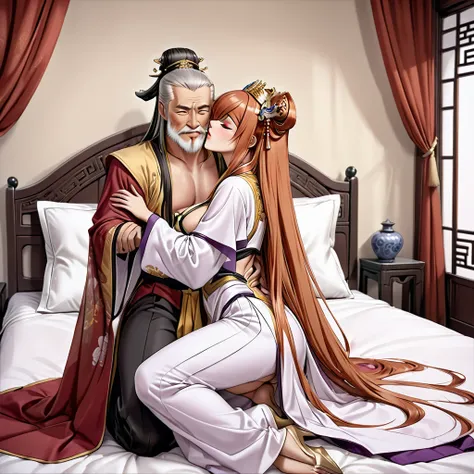 ((Highest quality)), ((masterpiece)), (detailed), （Perfect Face）、The woman is Maya Cordelia, an Empress of ancient China, with orange, semi-long hair. She is wearing a luxurious Hanfu costume fit for an ancient Chinese Empress, her hair styled in an ancien...