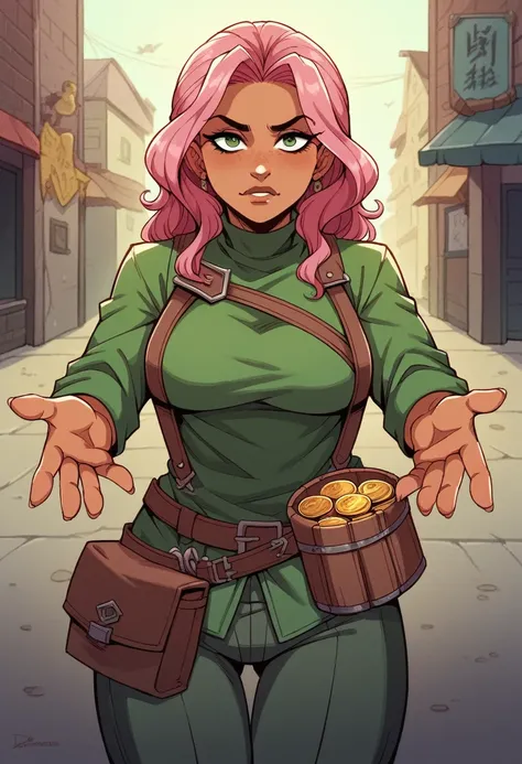 best quality, masterpiece, extremely detailed, dnd, gnome, thief, 30 years old filipino female, (a gray rat), it sits on her shoulder, long pink hair, beautiful tanned skin, rogue outfit, two small daggers, holding a pouch full of coins, in alleyway, misch...