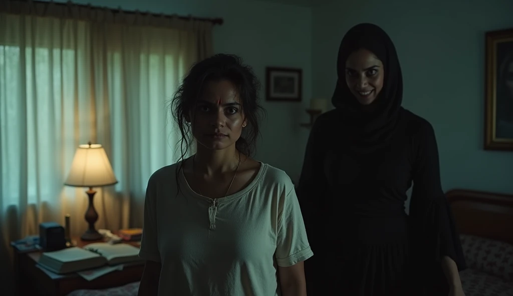 Character: Sunaina, mid-30s, standing in her bedroom, looking back at Abhi with a mix of fear and confusion. In the background, the shadow of the sinister woman looms over Abhi, smiling eerily.
Background: The bedroom is dimly lit, with the curtains drawn ...