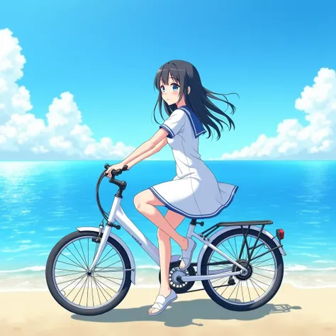 (A Japanese girl riding a white bicycle)、A white sailor dress with short sleeves、Hair color is black、black eye、Medium Hair、short hair、Straight hair、smile、Slim but well-proportioned body,、Wear loafers、Beautiful blue sky and white clouds、Beautiful sea、Real a...