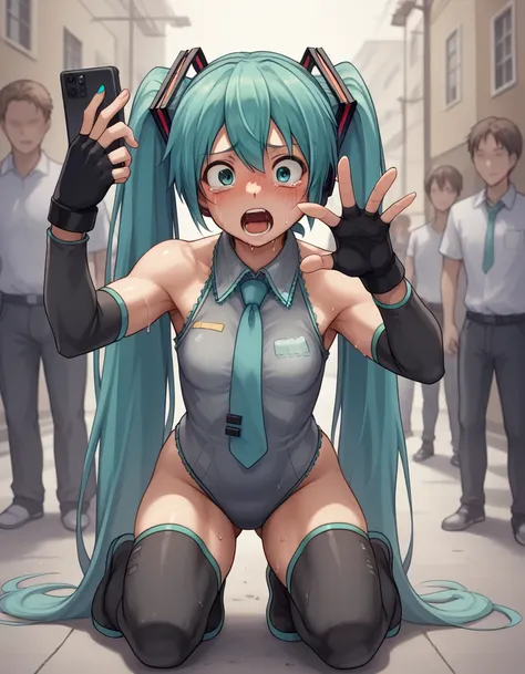 hatsune miku, a bodysuit worn under clothing, fingerless gloves, leotard, removable sleeves、photographed with a smartphone、、、esc...