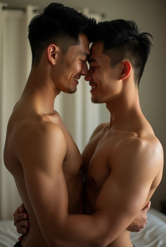 2 young Asian men , bare , hug and kiss , big penis, bareมีจู๋, fit , Has abs