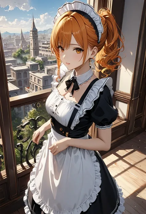 (Very detailed CG ユニティ 8k 壁紙,masterpiece, Highest quality, Very detailed),Western-style building、Orange hair medium curl hair ponytail、(Maid clothes)、