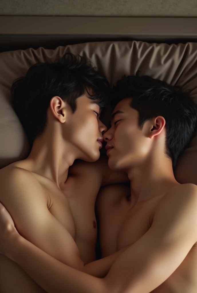 2 young Asian men , bare, full body, Lie on your back. , hug and kiss , big penis, bareมีจู๋, fit , Has abs