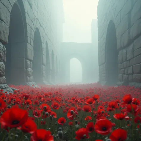 I was now in a field of poppies. Dense white fog hung in a gentle curtain over the flowers, an expanse of bleeding red. The thunderous grind of stone echoed behind me, but here, it was eerily still. Light rippled in delicate dapples over the flower fields....