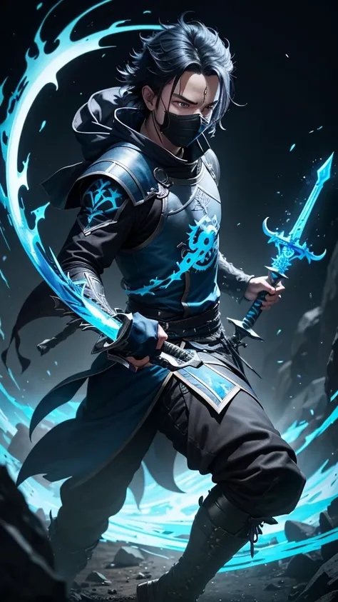 a 4d hdr  photo of inoske  from demon slayer anime  black background with blue flames and black and blue theme sword in his hand  one foot on the blue  flame circle in ground and one food is on air and sword slashing on the side of character blue  sword we...