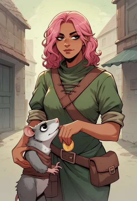 best quality, masterpiece, extremely detailed, dnd, gnome, thief, 30 years old filipino female, ((a grey rat)), it sits on her shoulder, long pink hair, beautiful tanned skin, rogue outfit, two small daggers, on her side, holding a pouch of coins, in alley...