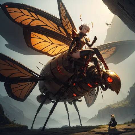 A short-haired girl with white hair is sitting on a massive mechanical ant with intricately designed wings. The ants glowing red eyes and metallic surface add to its imposing presence. The girl is dressed in a vibrant orange coat with a high collar and lar...