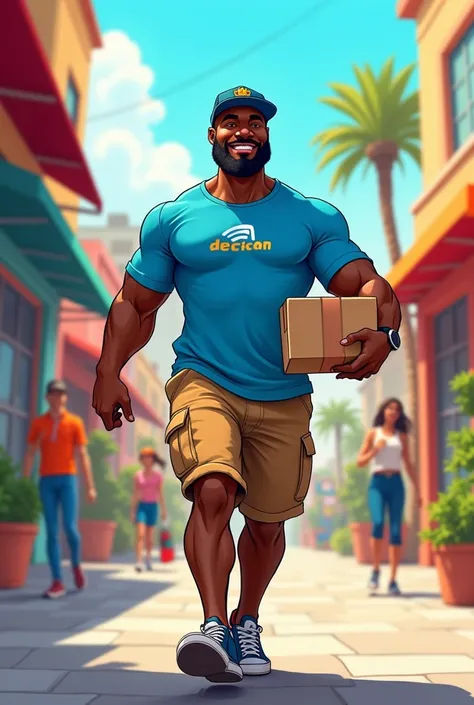 Strong black man with a cap and beard delivering packages cartoon