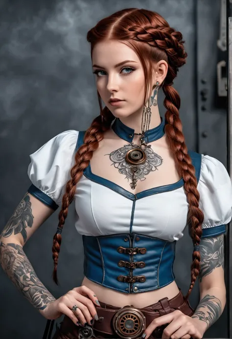 an steampunk girl at a , (white crop top:1.2), small breast, black and blue leather, tattoo, hyper detailed, ultra sharp, long auburn hair in braids, 8k, (insanely detailed:1.5), full body photograph, 20 megapixel, canon eos r3, detailed skin, pale skin