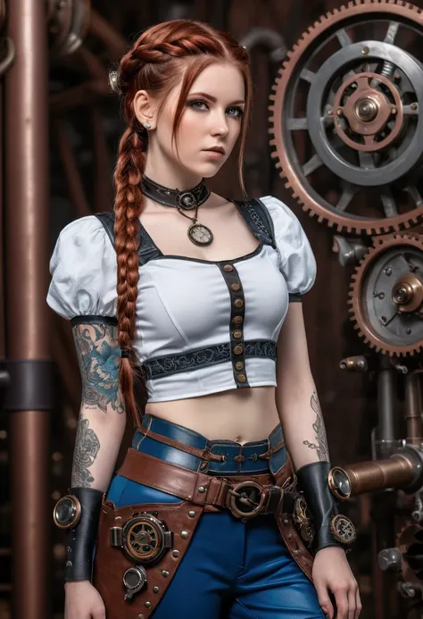 an steampunk girl at a , (white crop top:1.2), small breast, black and blue leather, tattoo, hyper detailed, ultra sharp, long auburn hair in braids, 8k, (insanely detailed:1.5), full body photograph, 20 megapixel, canon eos r3, detailed skin, pale skin