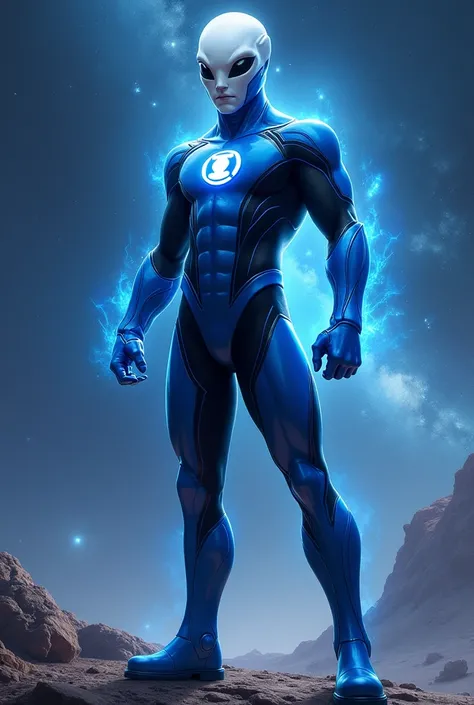 1man, alien, white skin, black eyes, long head fin, noseless, blue suit with black accents, blue boots, blue lantern logo, blue aura, space background, power pose