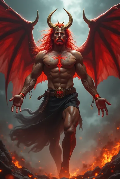 A man with wings and a crown, red hair, shirtless and muscular, a demon named Devastation 