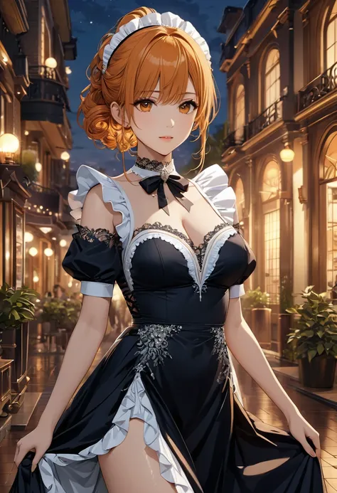 (Very detailed CG ユニティ 8k 壁紙,masterpiece, Highest quality, Very detailed),Western-style building、Orange hair medium curl hair ponytail、(Maid clothes＋Evening Dresses)、