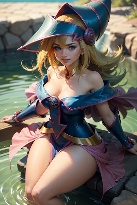 (masterpiece:1.2), (The best quality:1.2), perfect lighting, Dark Magician Girl, beautiful face, smiling, behind looking at the camera, in the lake ,waterfall, Fight a red-skinned dragon.In his twenties, floating in the air, medium , transparent neckline, ...