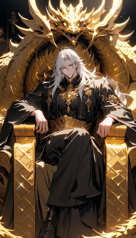 Handsome, solo, 1 male,  (Cold expression), long hair, white hair, yelow eye,sharp eyes, deep gold colored eyes, dark golden colored eyes, deep gold eyes, gold eyes, wearing a black Hanfu, full black Hanfu, Charming male god, Slightly muscular body，((perch...