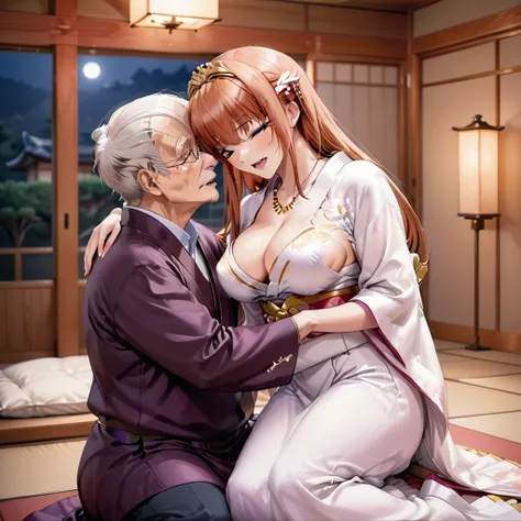 ((Highest quality)), ((masterpiece)), (detailed), （Perfect Face）、The woman is Maya Cordelia, with orange semi-long hair, wearing a luxurious Japanese kimono wedding dress, and her hair is tied in a Japanese style.、The woman is spending her wedding night wi...