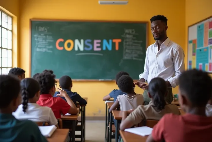 a male teacher standing, a group of students consisting 12-15 boys and girls, teaching a topic named “CONSENT”, topic name is written on the blackboard, nice classroom