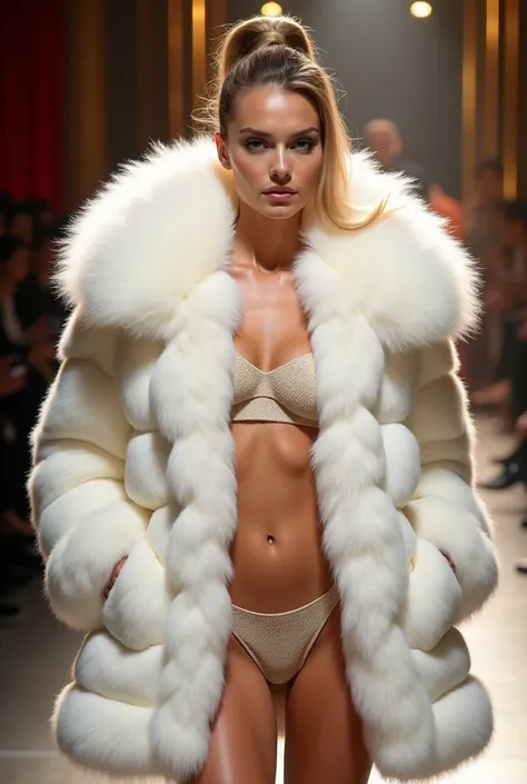 a beautiful woman wearing a very wide and extremely thick white mink fur coat, the coat is 200cm thick and fluffy, with an extremely thick white mink fur collar, 3 layers, (fur fashion show), garter belt, nude, nordic beauty, high ponytail, (gigantic breas...