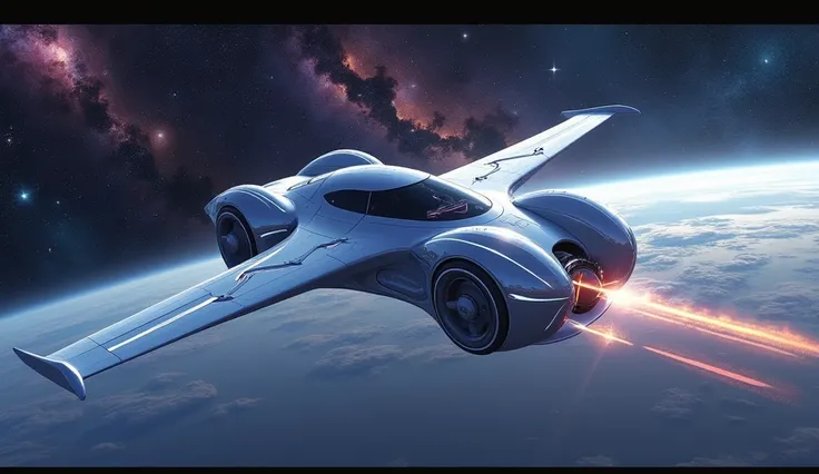 Galactic Cruiser: A futuristic car designed like a small spaceship, with glowing white thrusters and sleek silver wings, glides above a starry night sky with distant galaxies and a swirling nebula in the background. The car’s design blends elements of both...