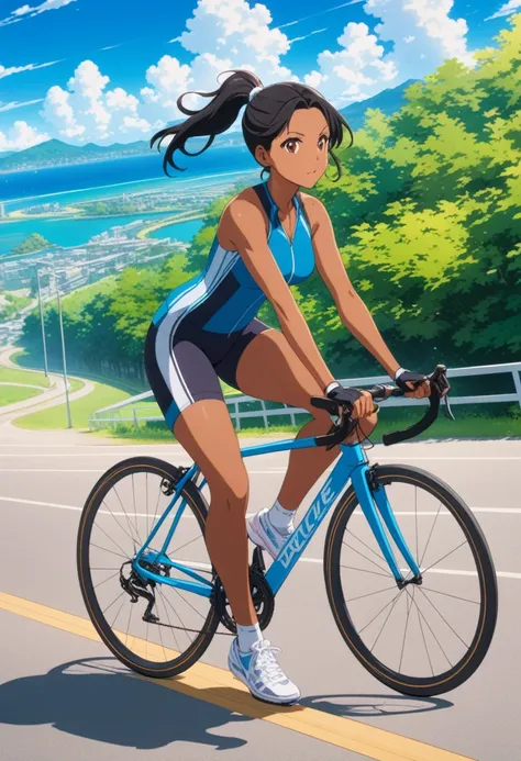 A girl, female mature, ride a bicycle , sportswear, speed lines, black hair, ponytail, Brown eyes, brown skin, athletic body, Full body shot, anime screenshot, masterpiece, The best quality, vivid colors, high quality, high resolution