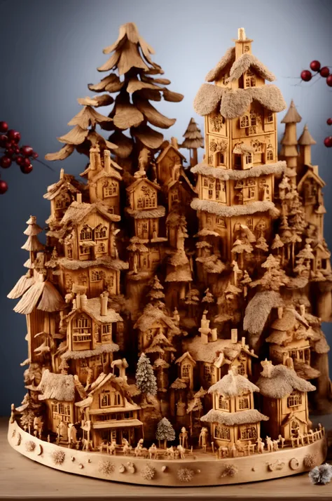 there are a lot of wooden houses on a christmastown, wooden decoration, wooden houses, wood ornaments, decoration, very realisti...