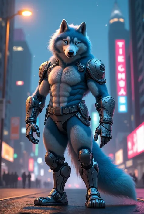 Furry, husky, augmentation, prosthetic, right leg, right arm, many scars, humanoid, anthropomorphic