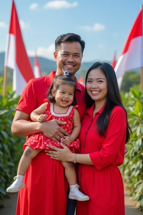 Family photo standing consisting of 1 male aged 40 years 1 female aged 30 years, 1 male aged 14 years, 1 female aged 3 years, wearing red and white clothes.. Symbol of independence of the Republic of Indonesia