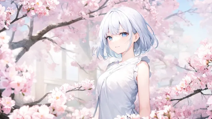 Ultra HD,Look at the viewers, Place your hands behind your back, and, 20-year-old, 非常にshort hair, Long bangs between the eyes, Pale blue eyes, Very detailed,(masterpiece、Highest quality),Gray Hair、Laughter、wonderful, Silver Hair, iris, short hair、 Flutteri...