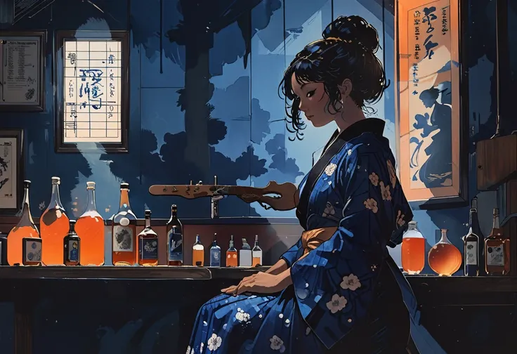 America　blues delta blues Silhouette of a woman in a beautiful japanese kimono playing acoustic guitar in a Vintage jazz bar in New Orleans　Mysterious atmosphere　Blue gaslights, typical of New Orleans, are mounted on the wall..　Vintage　, Dimly lit jazz bar...