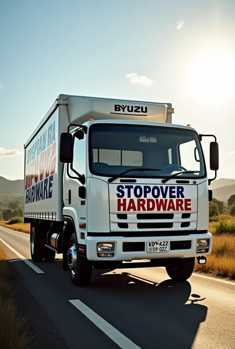 A Photo of a white Isuzu FRR truck written BYPASS STOPOVER HARDWARE in blue and red with Kenyan registration number plate KDP 022Z