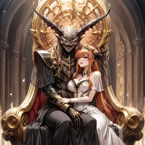 ((Highest quality)), ((masterpiece)), (detailed), （Perfect Face）、The woman is Maya Cordelia, the Demon Queen, with orange semi-long hair. She is wearing a luxurious black vintage wedding dress with gold embroidery and trim, along with a black wedding veil....