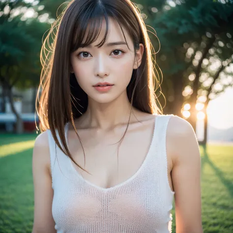 1womanl, up of face, Beautiful sunset, backlit 、sunset, Backlit, knitted sleeveless top 、Slim figure, big breasts, beautiful, Put your hair up to reveal a sexy nape or neck 、fair, lustrous, sexual skin 、mideum breasts, light brown hair, Blunt bangs, hair b...