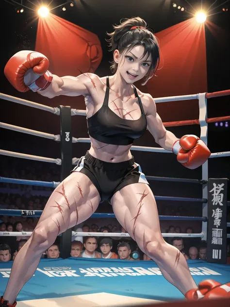 atwoman:1.1),(women:1.4),black short hair,比基尼,(boxing ring:1.4),full_shot,smile,claw_pose ,Run towards the camera ,(Scars and abrasions:1.5), angry, fight